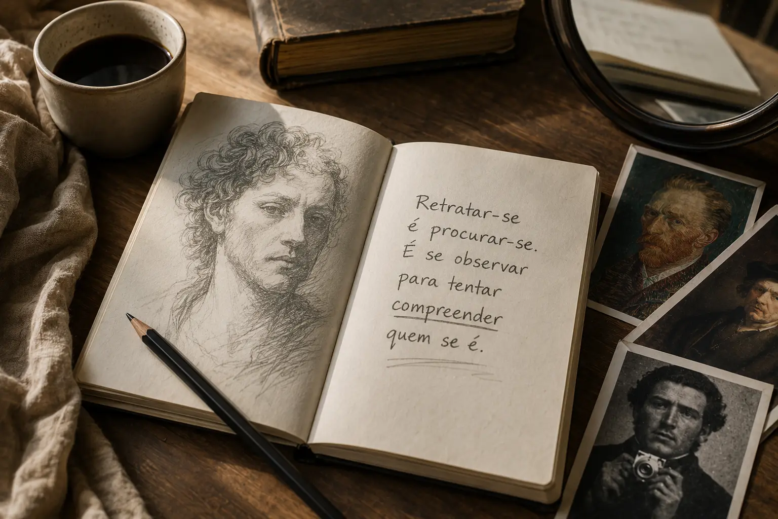 Representação artística sobre autorretrato e observação de si mesmo